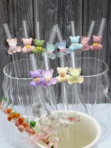 2pcs Twin Bears Glass Straws With 1pc Straw CleaningBrush, 8mm Reusable Straws, Drinking Straw Bent, Gift For Friends, Valentine's Day Gifts - Multicolor - View 1
