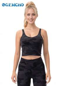 GEMCHO 女士迷彩运动瑜伽背心，长款，无钢圈中等支撑，女士吊带衫，春夏款 - 彩色 - 查看 3