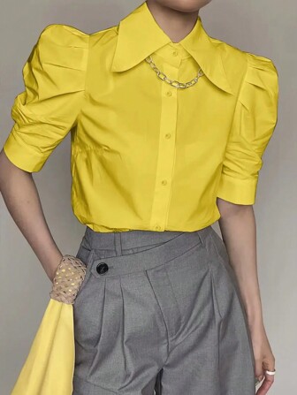 女士纯色前扣短袖简约休闲褶皱衬衫