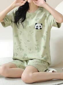 AICJ 2pcs Women Casual Simple Spring/Summer Panda Print Short Sleeve T-Shirt And Shorts Pajamas Set,Two Pieces Set