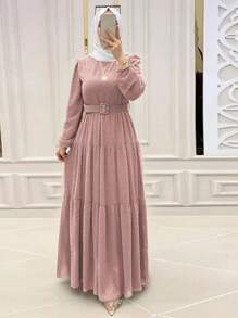 New Fashion Lace-Up Long Sleeve Dress For Women, Elegant Casual Daily Muslim Dress, New Year Dress - Pink - View 2