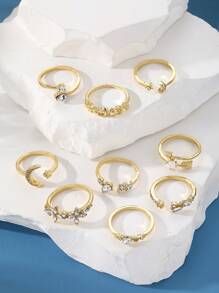 9pcs Water Drop Diamond Star Moon Ring Set - Yellow Gold - View 4