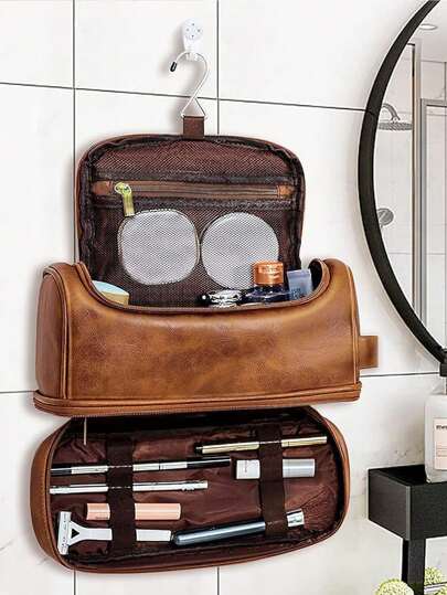 1pc Dual Layer PU Leather Hanging Toiletry Bag, Unisex Travel Organizer Kit, Cosmetic Pouch. Our Cosmetic Bag Is Made Of High-Quality PU Leather, Durable And Easy To Clean.