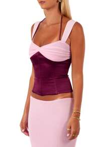 Women's Summer Tank Tops Sleeveless Halter Neck Contrast Color Corset Tops Shirts - 彩色 - 查看 4