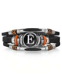 1pc 26 Piece Leather Alphabet Bracelet, Men/Couples Fashion Handmade Beaded Multilayer Punk Wristband, Birthday Wedding Gift, Daily Wear - Black - View 27