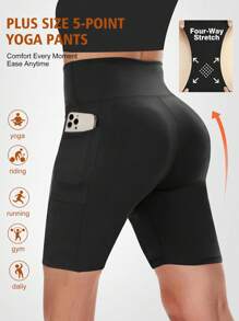 Plus Size Women's Lightweight Seamless High Waist Cycling Shorts, Elastic Waist Fitness Running Shorts With Pockets - Black - View 2