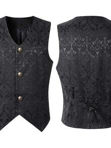 Men's Gothic Vests Vintage Medieval Jacquard Casual Tuxedo Waistcoat Formal Dress Suit Vest For Office Workwear - màu đen - Xem 3