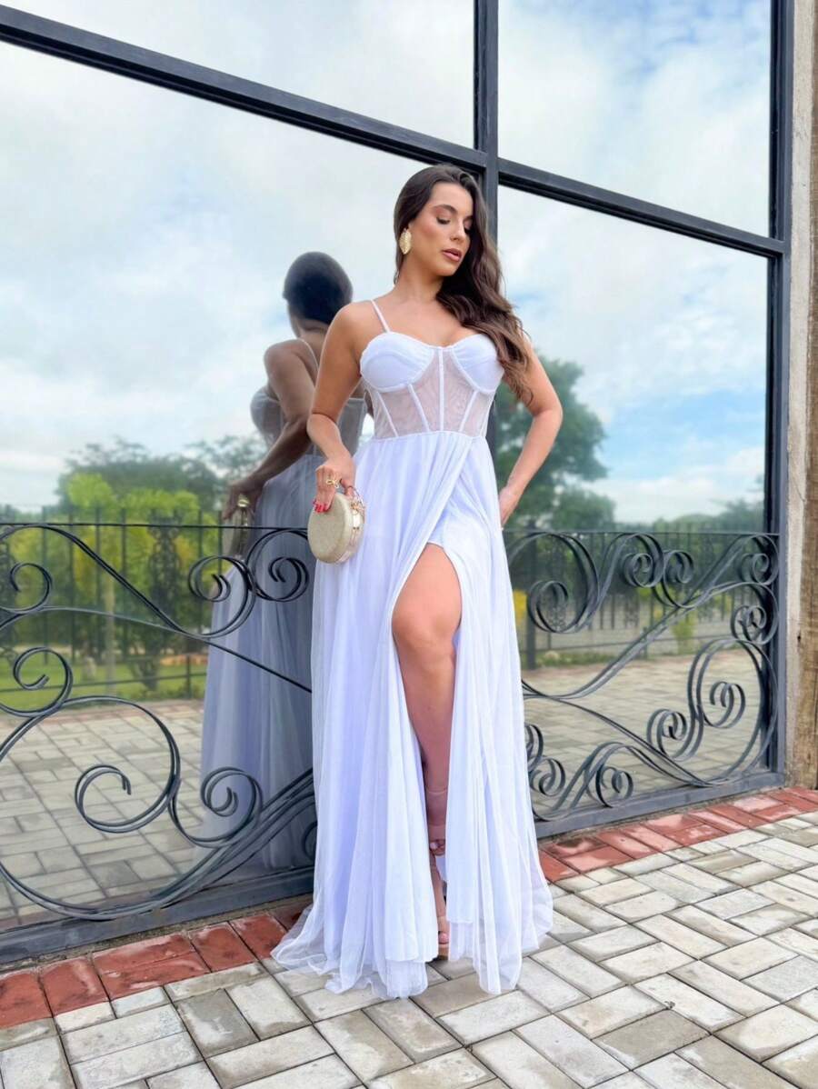LONG WEDDING PARTY DRESS FOR GRADUATES IN TULLE WITH SHINE AND CORSET - White - View 1