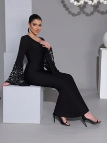 Modphy New Sexy Black Round Neck Flare Sleeve Heavily Embellished Rhinestone Mermaid Dress, Elegant Women Evening Gown For Party, Festival, Wedding Guest Dress, Formal Dress - Black - View 7