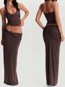 Women's Halter Neck Tank Tops Summer Sleeveless Solid Color Knot Front Shirts Dressy Tops - 棕色 - 查看 7