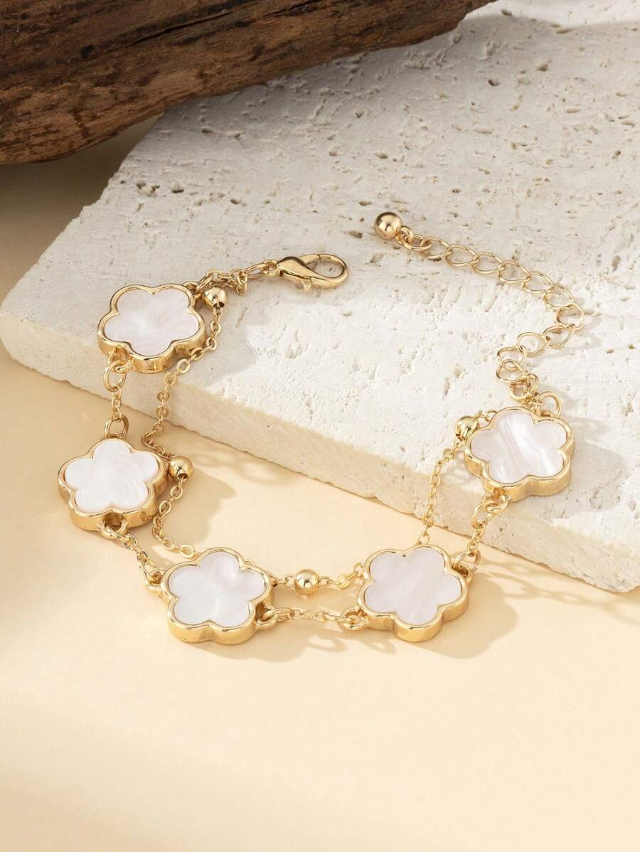 1pc Fashion New Sweet Clover Four-Leaf Lucky Charm Double-Layer Bracelet For Women, Party Gift (Beads Quantity On Bead Chain Is Random) - White - View 1