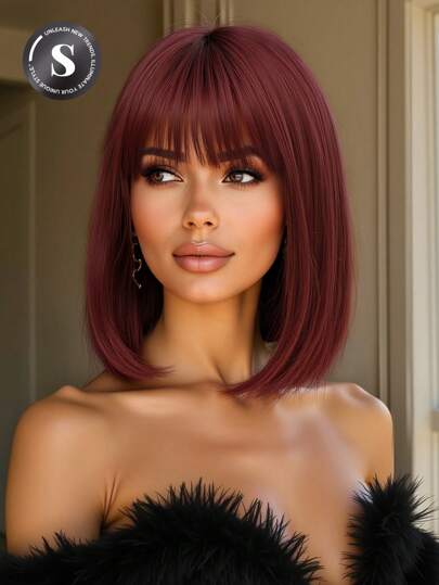 Comfortable 14-Inch Long Bangs Wine Red Short Straight Hair Synthetic Heat-Resistant Fiber Wig Women's Wig Perfect For Holiday Party Everyday Wear