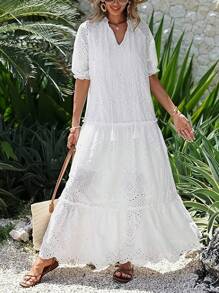 HERTALK Spring And Summer Beach Vacation Clothes Fluffy Sleeve Long Flower Eye Pattern Dress Embroidered Flowing Swing Party Skirt,Elegant Dresses For Women 2025 - 白色 - 查看 1