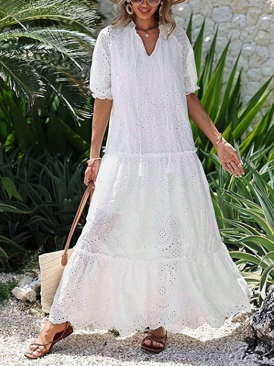 HERTALK Spring And Summer Beach Vacation Clothes Fluffy Sleeve Long Flower Eye Pattern Dress Embroidered Flowing Swing Party Skirt,Elegant Dresses For Women 2025 - 白色 - 查看 1