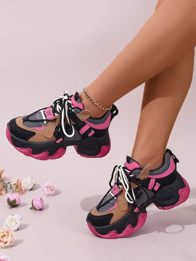 Baskets épaisses pour femmes, chaussures à plateforme à bout rond, baskets tendance, baskets blocs de couleurs, baskets à plateforme métallique, chaussures de sport pour femmes, baskets épaisses à plateforme compensée, baskets à lacets