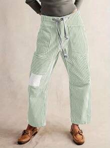 Women Striped Pants Elastic Waist Drawstring Patchwork Wide Leg Pants Loose Trousers With Pockets - Green - View 2