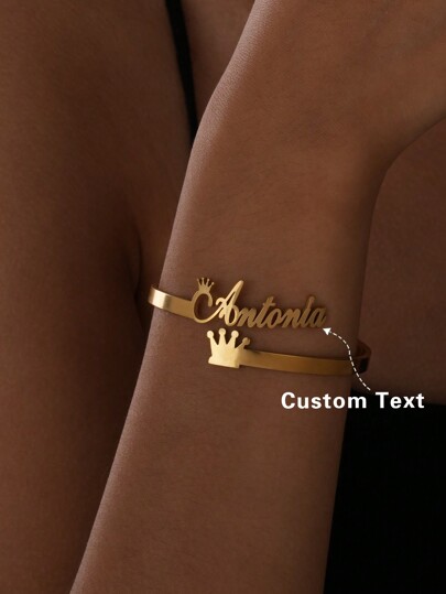 Fashionable Minimalist Luxurious High-End Simple Stylish Versatile Elegant Sexy Gold Crown, Heart-Shaped Customized Name Cut Bracelet, Suitable As Gift For Friends, Lovers, Family, Birthday, Anniversary, Festivals, Traveling Accessories