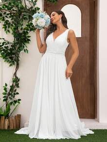 Elasola Vestido de novia de talla grande para mujer, vestido de longitud hasta el piso, de chifón romántico bordado con encaje