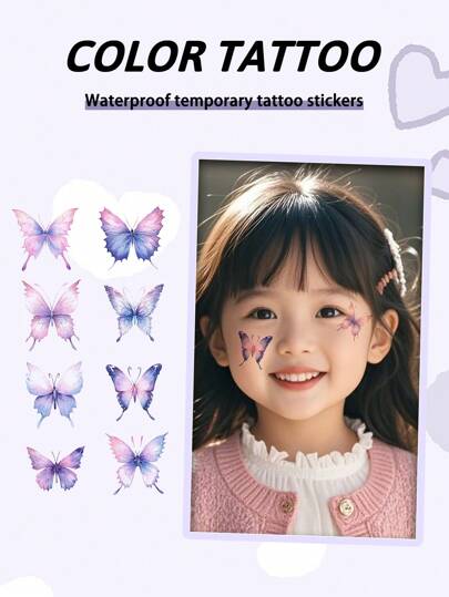 1 件蝴蝶闪光纹身贴纸临时纹身卡通可爱动物彩色防水防汗一次性儿童手臂、腰部、胸部、腿部、腹部、颈部、手部、手指、背部现代人体艺术