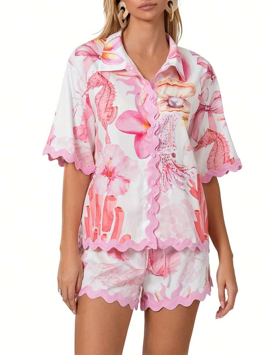 Women 2 Piece Shorts Sets Graphic Short Sleeve Button Shirt Wide Leg Lounge Shorts Outfit