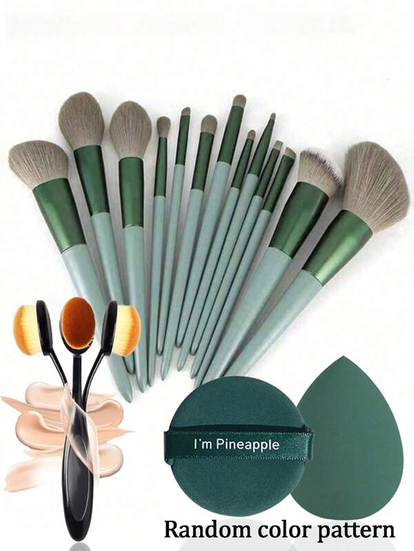 13 قطعة مجموعة فرش مكياج خضراء + فرشاة أساس رقم 4 + 2 قطعة إسفنجة مكياج عشوائية اللون/الشكل ، فرش للظلال، كريم BB ، كونسيلر مستحضرات تجميل، أدوات مكياج ناعمة متكاملة للنساء