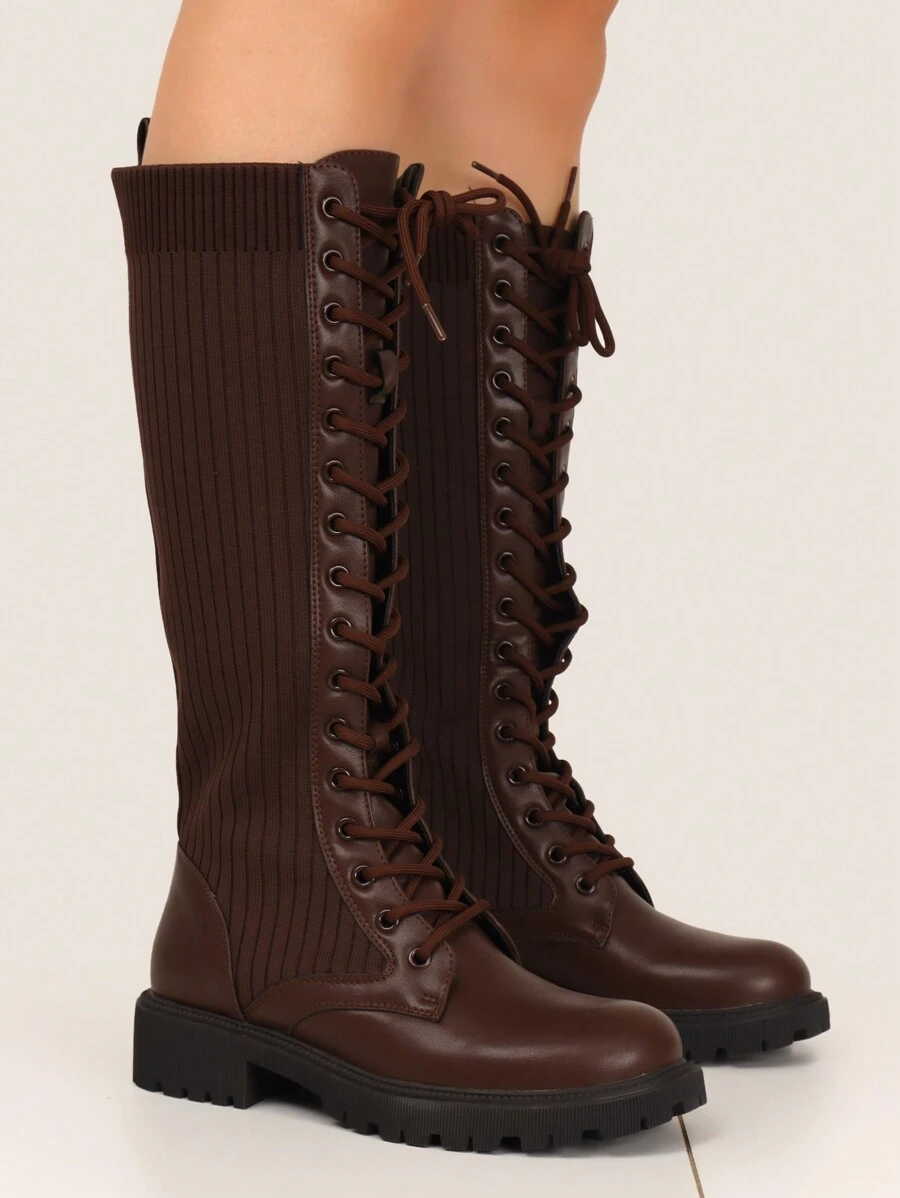 Bốt cao đến đầu gối màu nâu thanh lịch dành cho nữ mùa thu đông 2025, bốt buộc dây thanh lịch, thích hợp cho mùa tựu trường, ngày lễ tình nhân, hẹn hò, tiệc tùng, mua sắm, đi làm - màu nâu - Xem 1