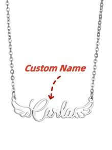 1 pièce Collier avec double ailes minimaliste DIY avec nom en anglais pour femmes. Plaque signalétique personnalisée avec nom simple. Pendentif personnalisé avec chaîne de cou. Bijou cadeau