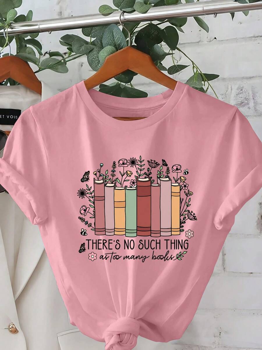 The Number Of Books Does Not Matter Cartoon Letter Graphic Print T Shirt, Short Sleeve Crew Neck Casual Top For Summer & Spring, Women's T-Shirt - 粉色 - 查看 1