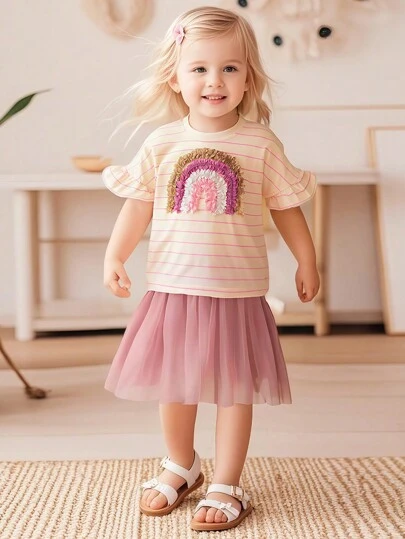 2pcs/Set Girls Outfit - Striped Ruffled Sleeve T-Shirt With Rainbow Embroidery & Pink Tulle Skirt, Cute & Fashionable Summer Outfit