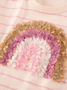 2pcs/Set Girls Outfit - Striped Ruffled Sleeve T-Shirt With Rainbow Embroidery & Pink Tulle Skirt, Cute & Fashionable Summer Outfit - Pink - View 5