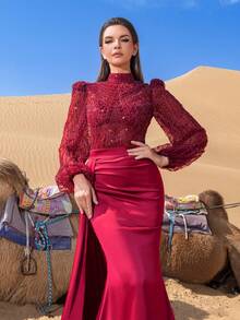 Faeriesty Women's Elegant High-Neck Floor-Length Gown – Sheer Puff Sleeves With Beaded Sequin Accents, Satin Mermaid Fishtail Skirt For Date Nights, Formal Evening Dinners, Valentine's Day, And City Strolls - Burgundy - View 6