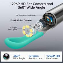 1296P HD Camera Ear Cleaner, 8-In-1 Multifunctional Ear Wax Removal Tool With 5 Replacement Ear Tips, Wireless WiFi Ear Scope With 6 LED Lights, IP67 Waterproof, Rechargeable Ear Wax Removal Kit