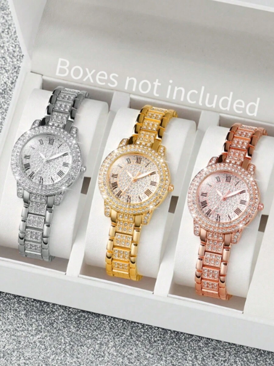Bộ 3 chiếc/Bộ đồng hồ đeo tay thạch anh tỷ lệ La Mã trang trí đá thời trang dành cho nữ, thích hợp đeo hàng ngày, sinh nhật, làm quà tặng cho phụ nữ, kỷ niệm, khuyến mãi cuối năm, ngày độc thân, khuyến mãi Halloween, không có hộp quà tặng - Nhiều màu - Xem 1