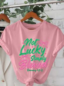 St Patrick Cartoon Letter Graphic Print T Shirt, Short Sleeve Crew Neck Casual Top For Summer & Spring, Women's T-Shirt - 粉色 - 查看 1