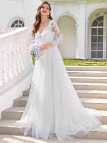 UNITHORSE Rhinestone Neckline Pearl Embroidery Lace Mesh Contrast White Wedding Dress Gown,Bride, All White Party Outfit Women - White - View 8