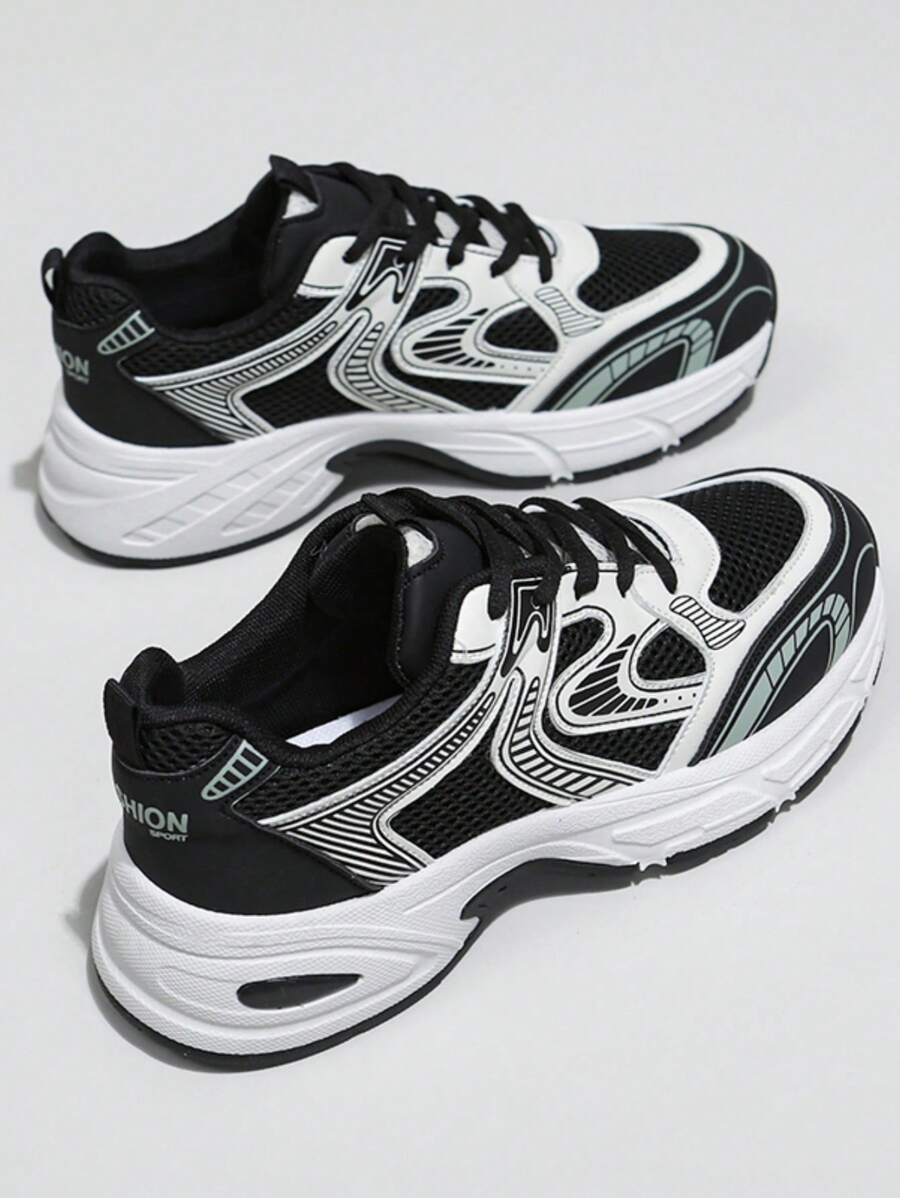 New Women Casual Sneakers, Preppy Style Chunky Sneakers, Lace-Up Round Toe Mesh & Leather Patchwork Breathable Versatile Platform Shoes, Graffiti Print, Suitable For School, Outdoor, Commuting