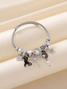 1pc Elegant Dreamy Rhinestone & Faux Pearl Black Cat Paw Print Bow Pendant Beaded Stainless Steel Bracelet, Suitable For Women's Banquet, Party, Date, Daily Wear, Gift For Girlfriend - Bow Black Cat Footprints - View 4