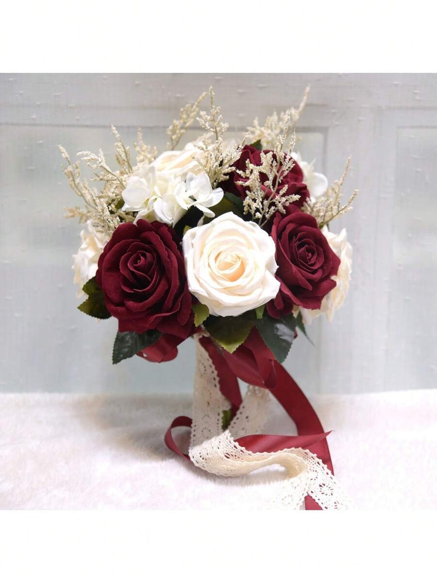 1pc Wedding Bouquets For Bride Bridesmaid, Artificial Rose Flowers Bouquet, Handmade Romantic Wedding Bouquet Bridesmaid Holding Flowers For Wedding Birthday Bridal Shower Decor Party Favors Room Decor - Red - View 1