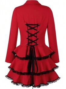 Vintage Victory Gothic Blazer Jacket With Lace Ruffle Hem And Lace Up Corset Back - Đỏ - Xem 2