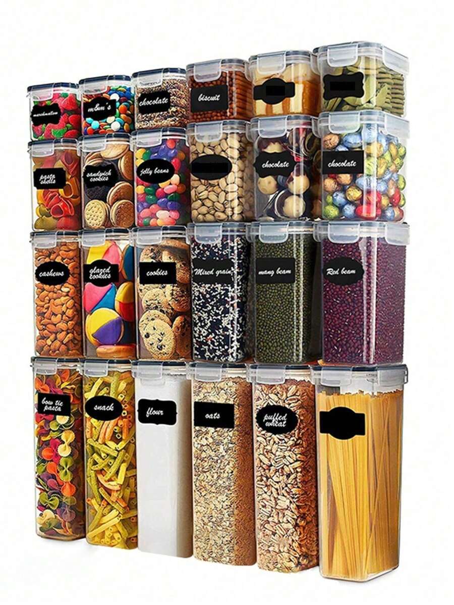 20pcs Kitchen Decor And Accessories,Complete Food Storage Containers With LIDS, Clear Food Jars, Moisture-Proof Sealed Crisper, Suitable For Cereals, Rice, Salt, Pepper, Tea, Nuts And Coffee Beans, Plastic Food Storage Jars, Household Kitchen Items, - 黑與白 - 查看 1