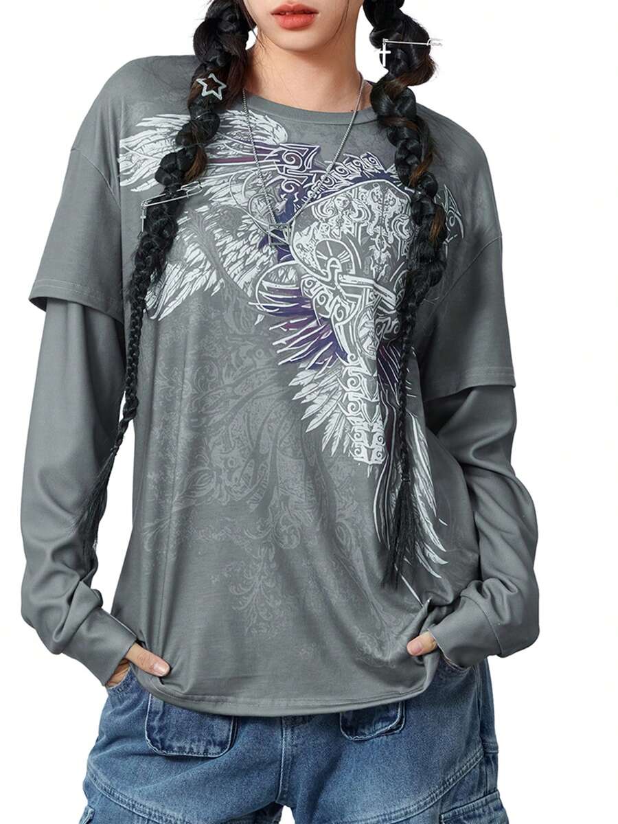 Women Vintage Graphic Grunge Tops Y2K Goth Long Sleeve Fake Two Shirts Spring Fall Alt Clothing For Teen Streetwear
