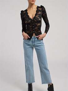 Women's Lace Tops Stylish Solid Mesh See Through Lace Floral Slim Fit V Neck Long Sleeve T-Shirt - 黑色 - 查看 2