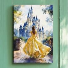 Wrapped Framed Canvas Vintage Wall Art Elegant Woman In Yellow Dress At Castle – Artful Home Decor For Living Room, Bedroom, Bathroom, Office