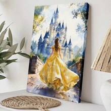 Wrapped Framed Canvas Vintage Wall Art Elegant Woman In Yellow Dress At Castle – Artful Home Decor For Living Room, Bedroom, Bathroom, Office
