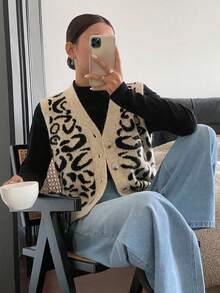 韩版复古豹纹V领单排扣休闲针织背心，百搭