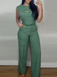 2 Pieces Round Neck Cap Sleeve Crop Top And Casual Pocket Design Straight Pants Set - 綠色 - 查看 1