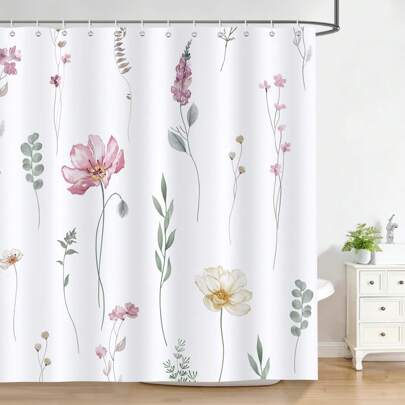 1pc Watercolor Floral Shower Curtain Pink Beige Flower Green Leaves Modern Minimalist Decorative Bath Curtain Waterproof Bathroom Curtain,Back To School Bathroom Decor