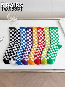 5双男女同款棋盘格图案简约街头时尚复古柔软舒适休闲中筒袜适合居家休闲或户外运动穿着秋季 - 彩色 - 查看 12