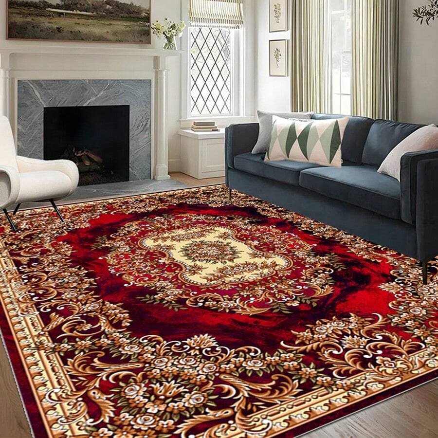 [Crystal Velvet 700g/㎡, Printed Bottom, 5mm Thick] A High-End, Elegant Deep Red Floral Pattern Carpet In European Style. Anti-Slip, Absorbent, Soft And Easy To Clean Carpet, Suitable For Indoor, Entrance, Living Room, Bedroom, Sofa, Kitchen. Applicable For Daily Use, Holidays, And Parties. Home Bathroom Decor Bath Rug Outdoor Rug Door Mat Fall Decor Bathroom Accessories Back To School