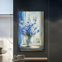Blue Floral Canvas Print, Vibrant Delphiniums In White Vase, Window View, Bright Sunlight, Blue Drapes